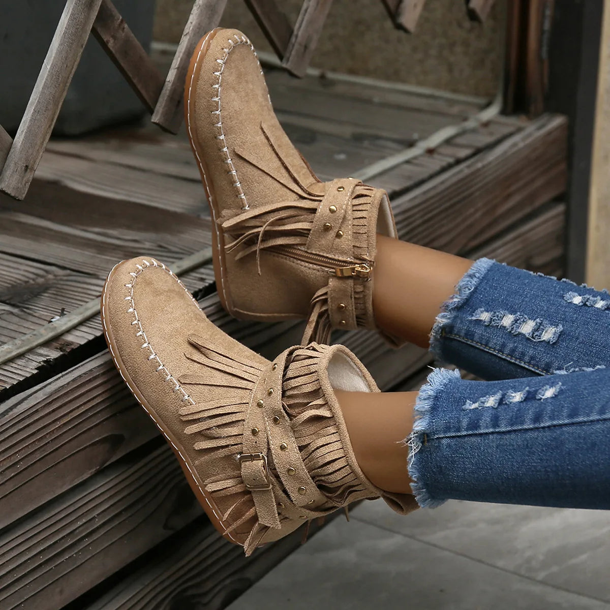 Women Shoes Flat Heel Ankle Boots Retro Suede