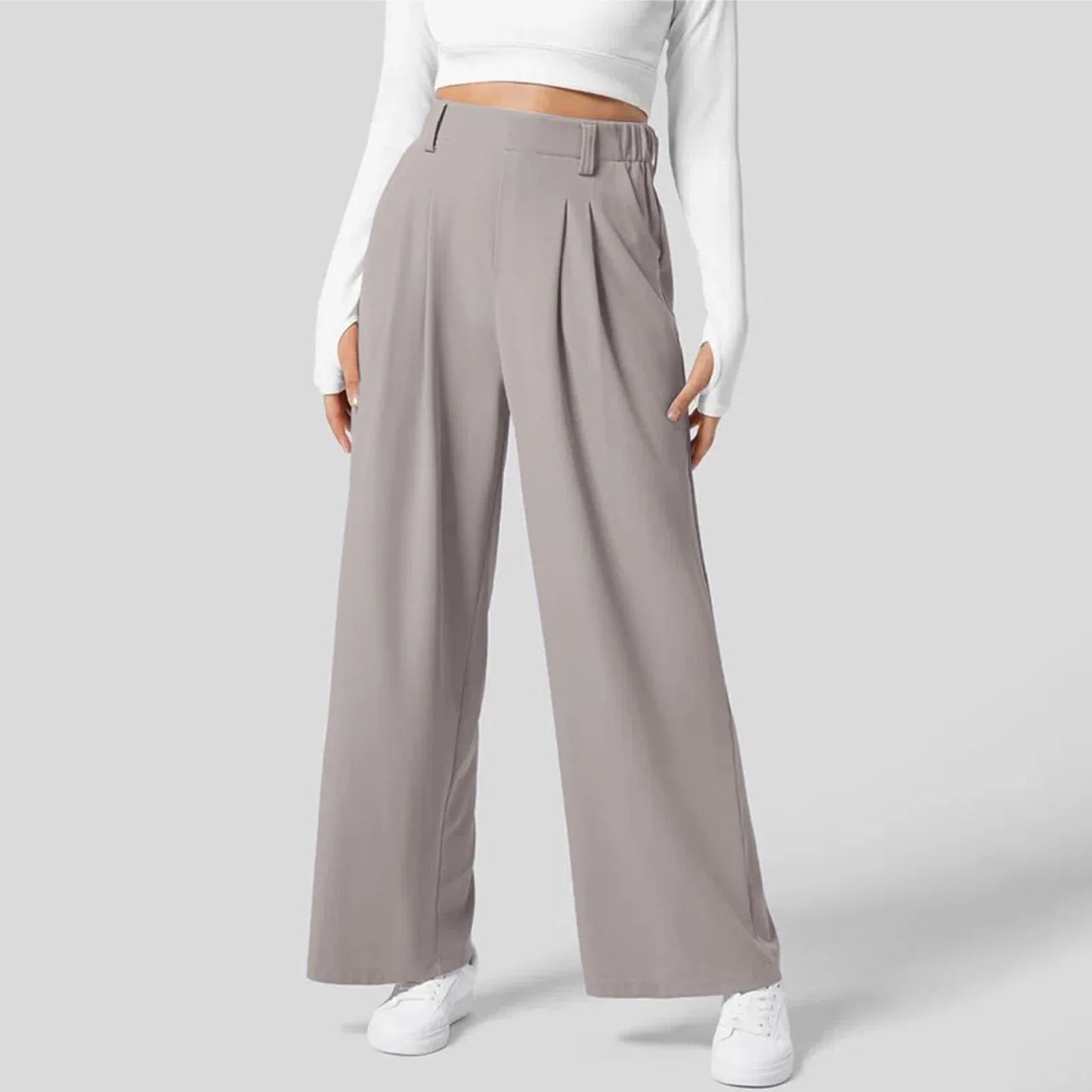 Women Suits Pants High Waist Draped Solid Color Wide Leg