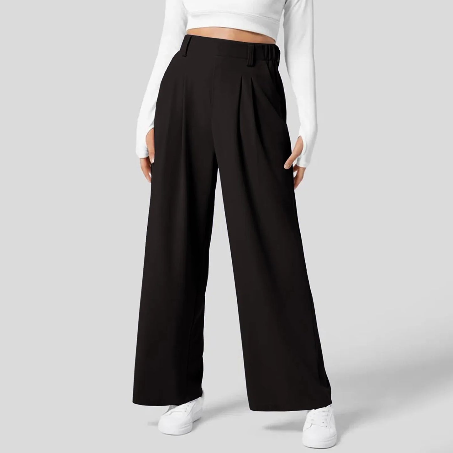 Women Suits Pants High Waist Draped Solid Color Wide Leg