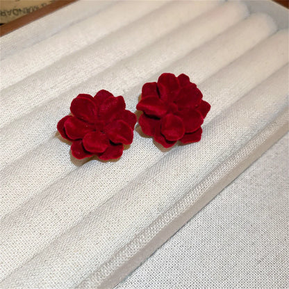Simple Cute Wine Red Velvet Rose Flower Stud Earrings