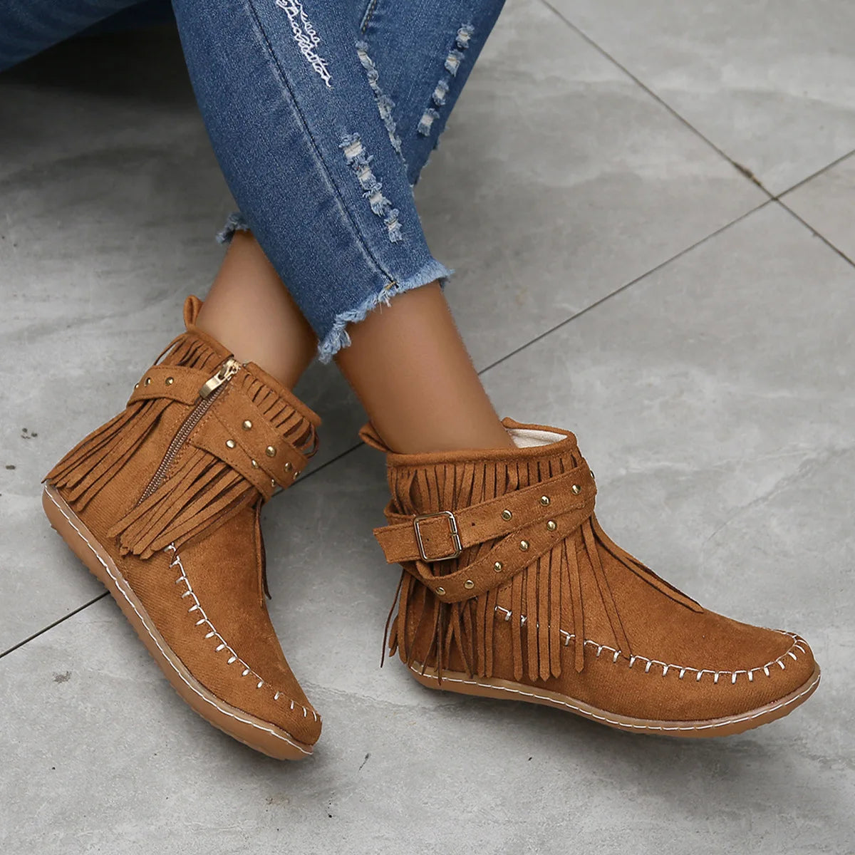 Women Shoes Flat Heel Ankle Boots Retro Suede