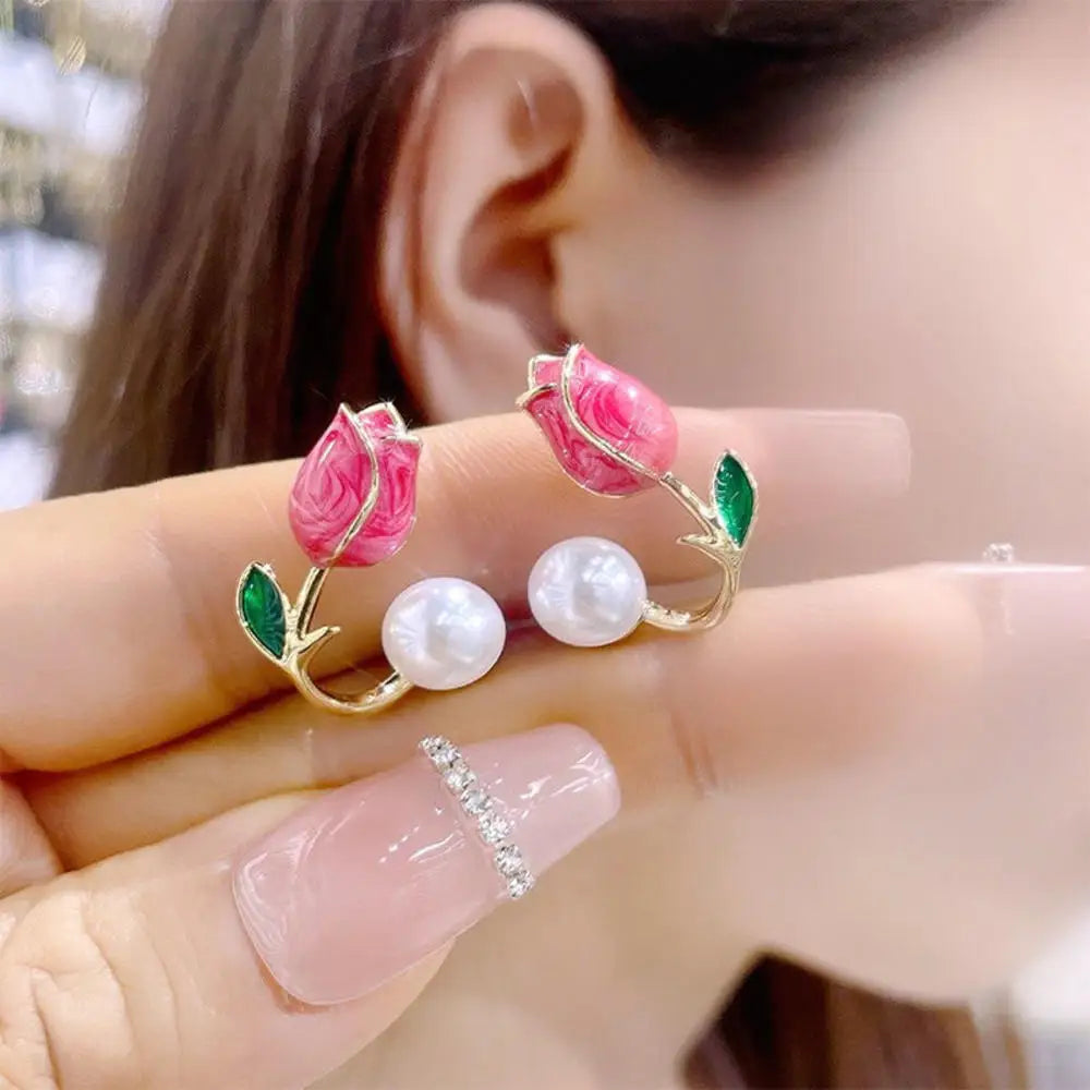 Simple Cute Wine Red Velvet Rose Flower Stud Earrings