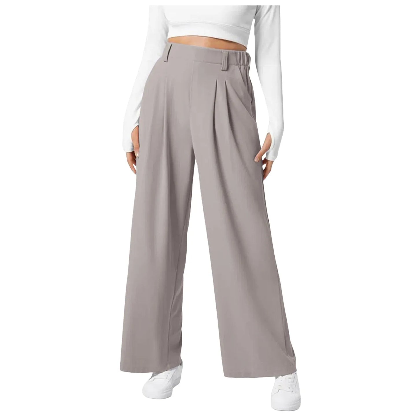 Women Suits Pants High Waist Draped Solid Color Wide Leg