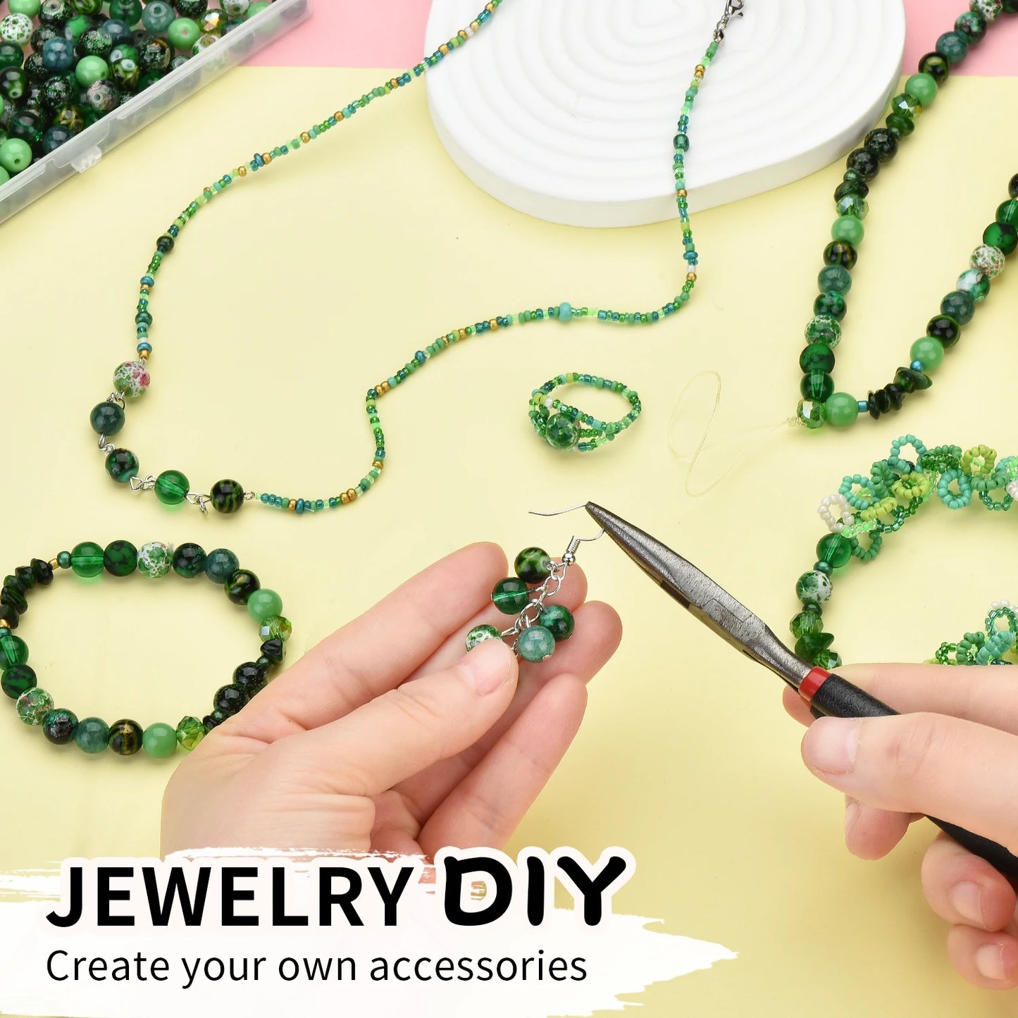 Glass Beads Jewelry Making Kit Green Color Glass Round Loose Beads